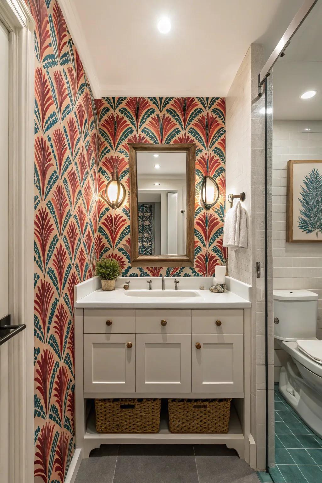 A guest bathroom with a statement wall showcasing a bold wallpaper design.