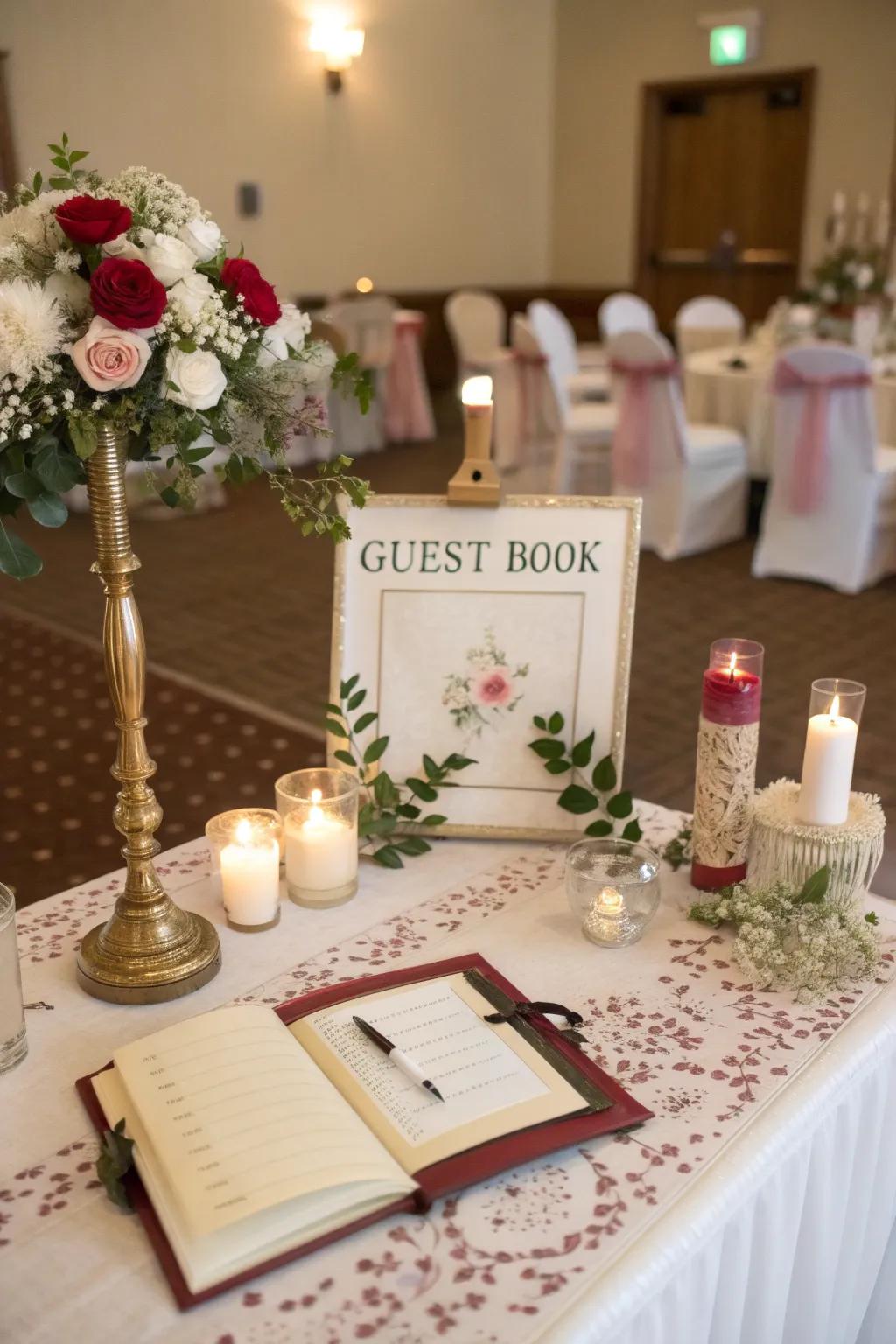 Themed aesthetic creates a unified style for the guest book display.