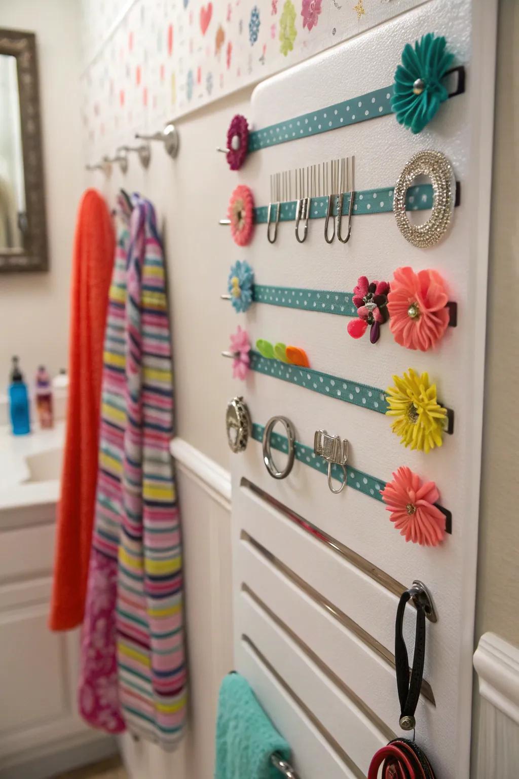 Creative and effective use of magnetic strips for hair accessories.