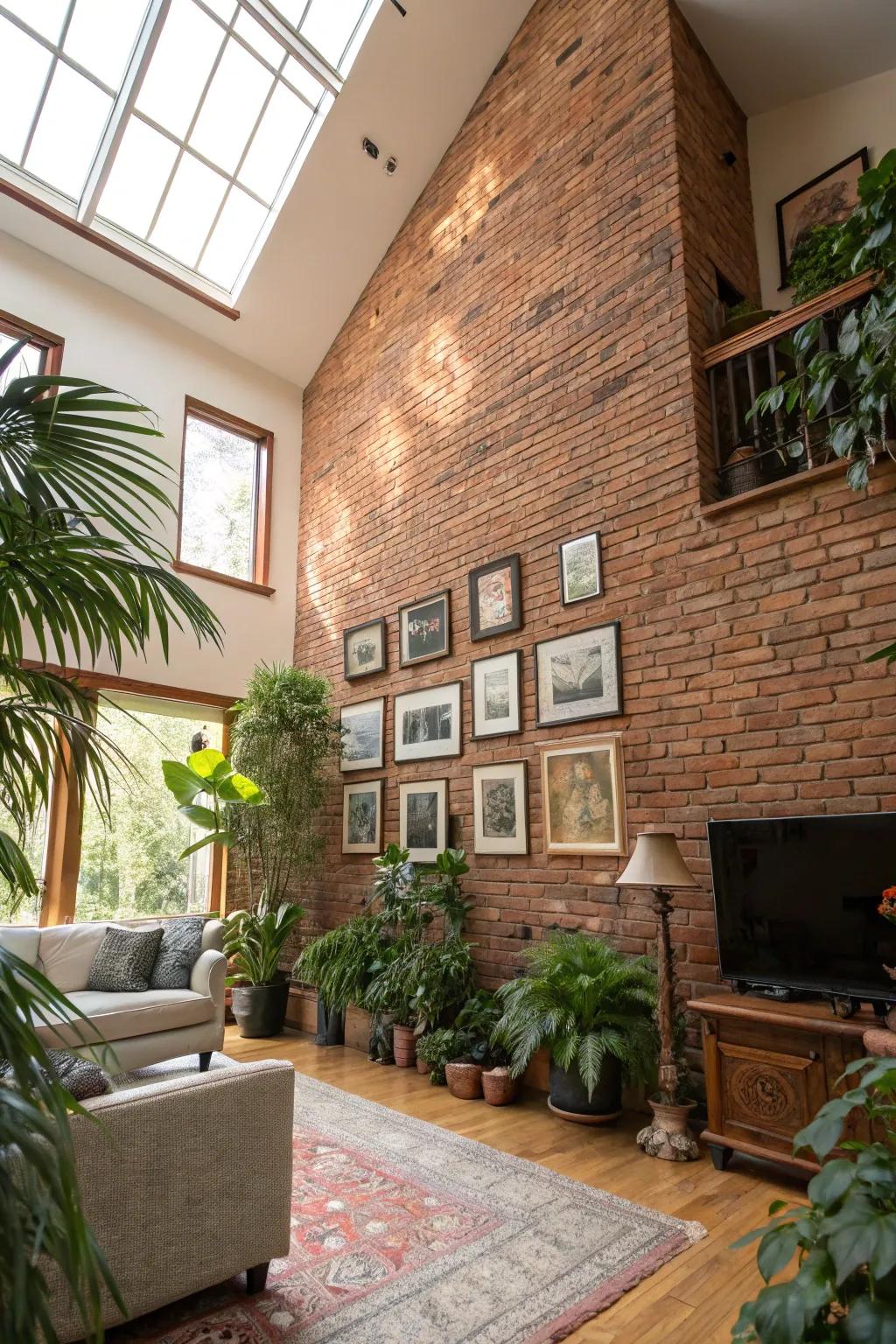 A high ceilinged living space with a large brick wall enhancing vertical dimension.