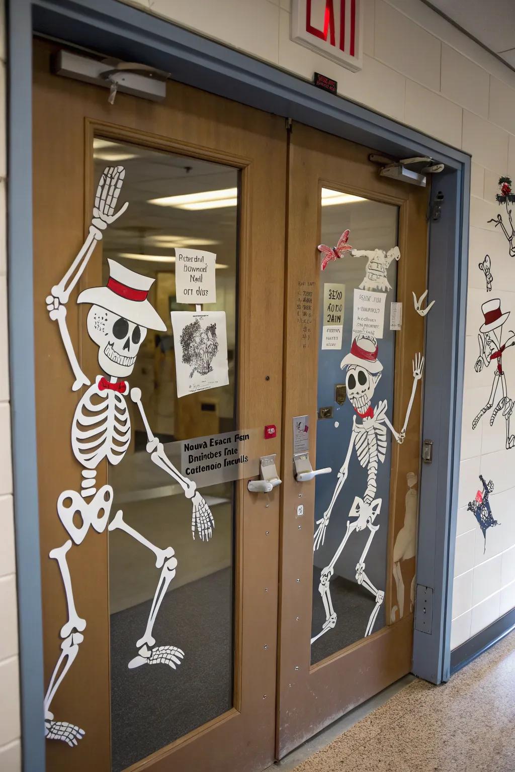 Prancing osseous figures conveying a playful vibe to the school.