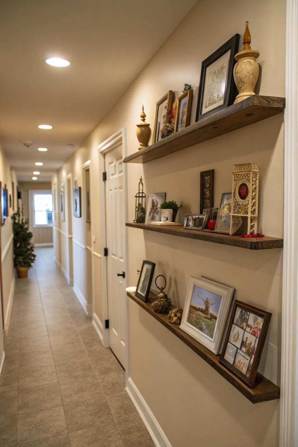 Wall mounted shelving improve art displays while adding functionality.