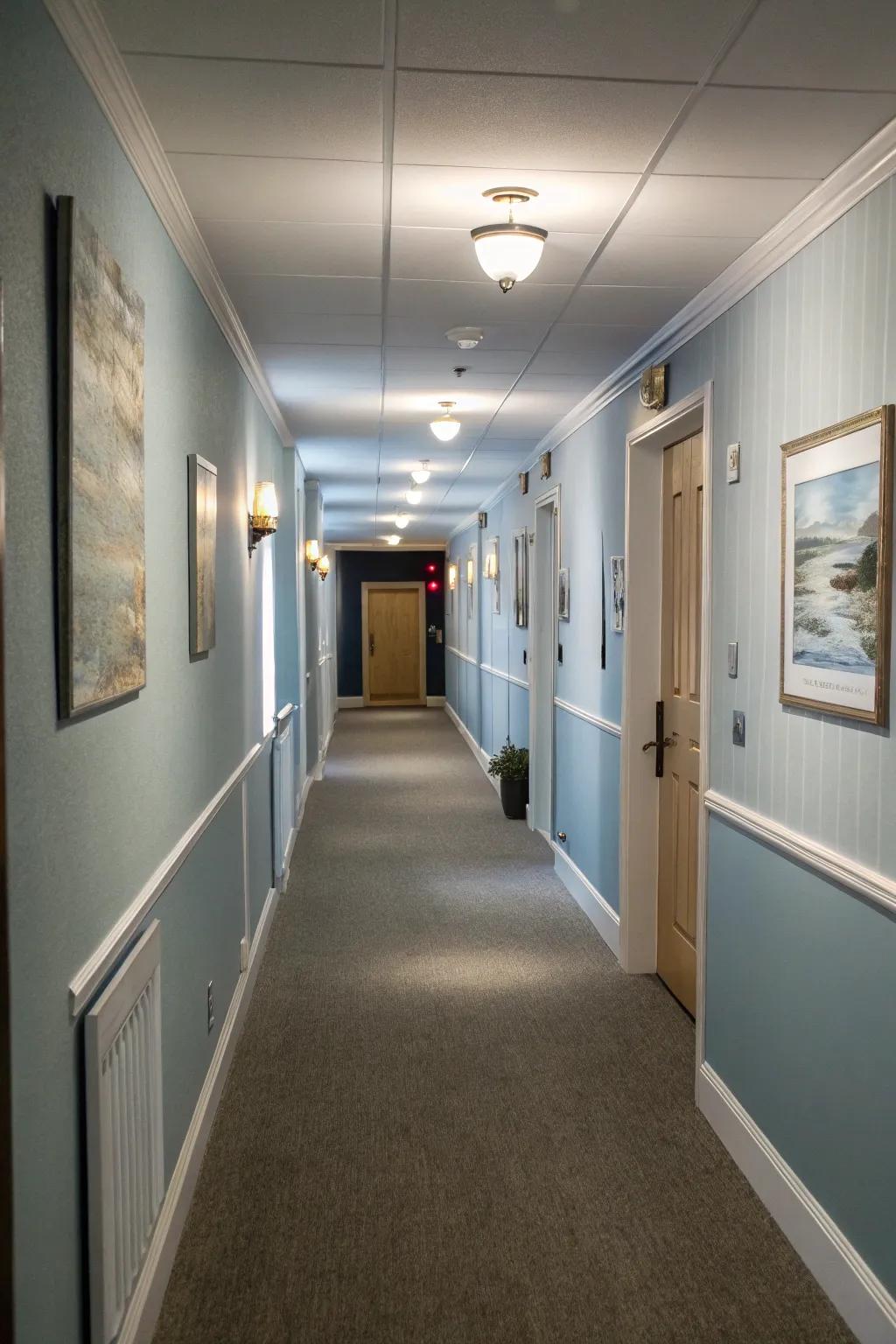 Subdued blues offer a serene and comforting touch to hallways.