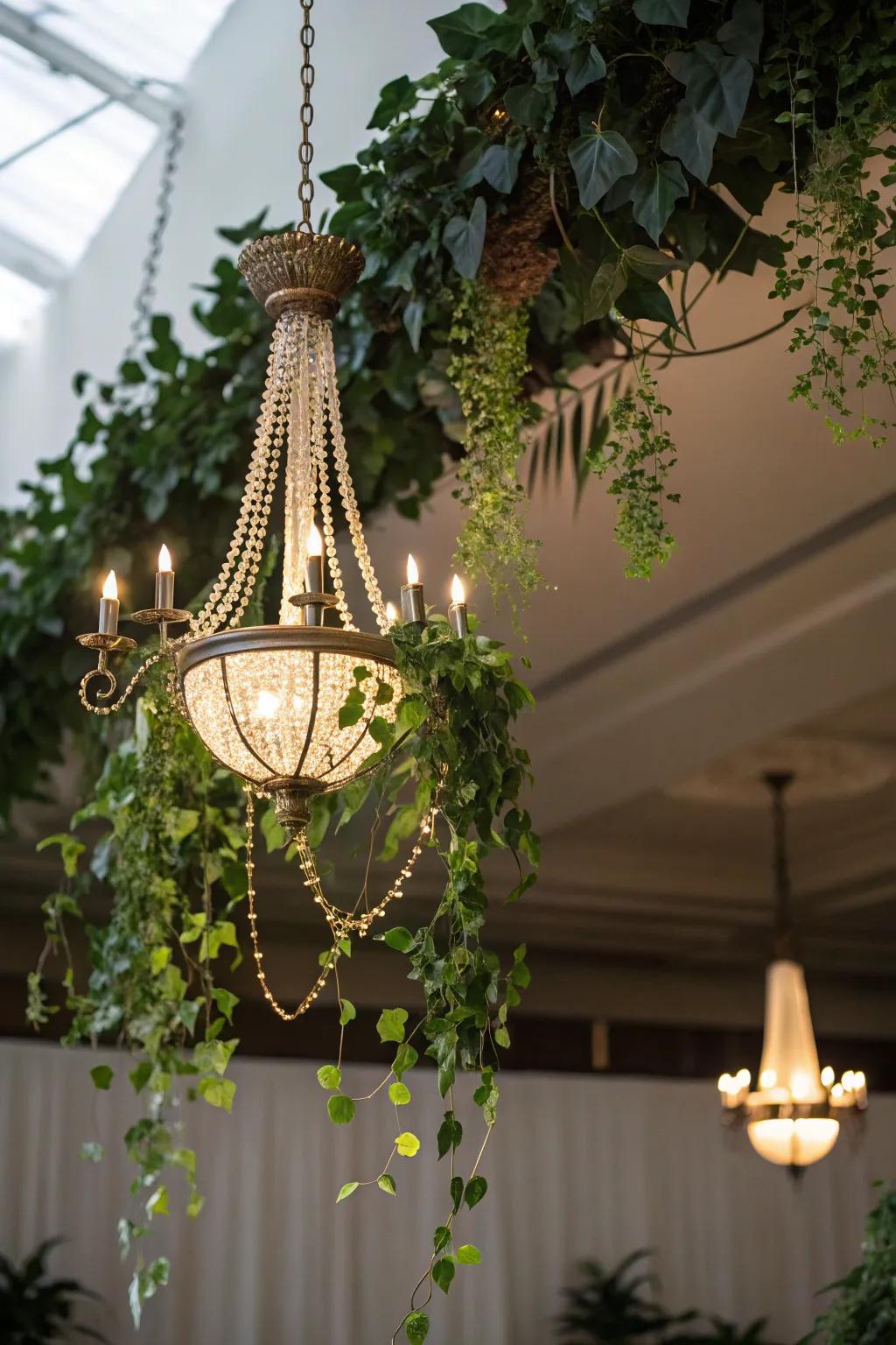 Merge lighting and nature with a green chandelier.