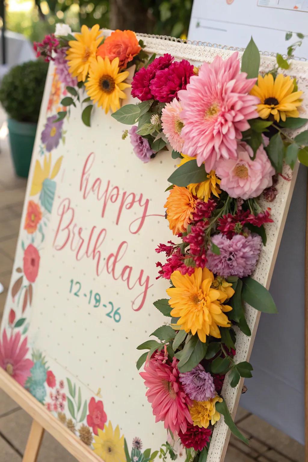 A vibrant blossom-themed birthday display brimming with blooming beauty.