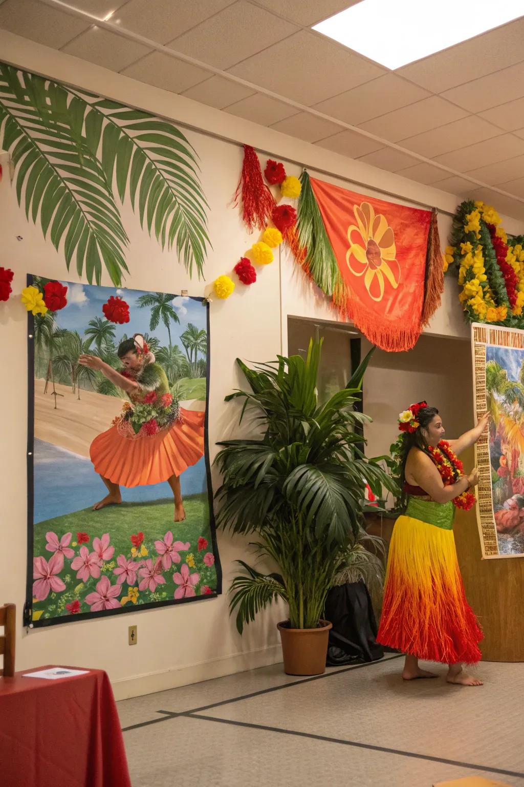 A poster of Hawaiian cultural parties that adds brightness to a festive room.