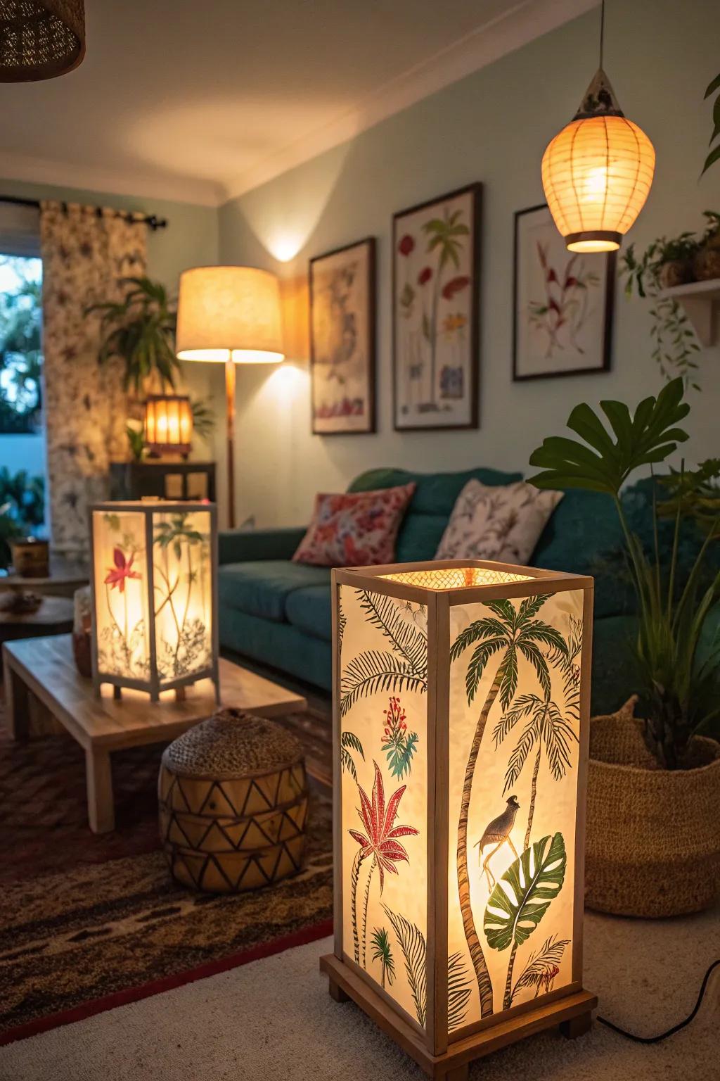 Lantern lighting sets a warm, tropical mood.