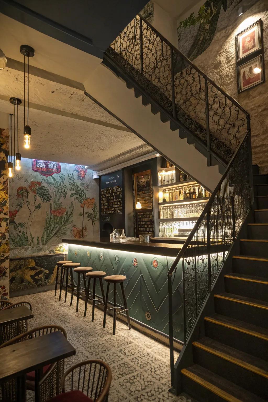 Artistic wall compositions transform the bar into an art piece.