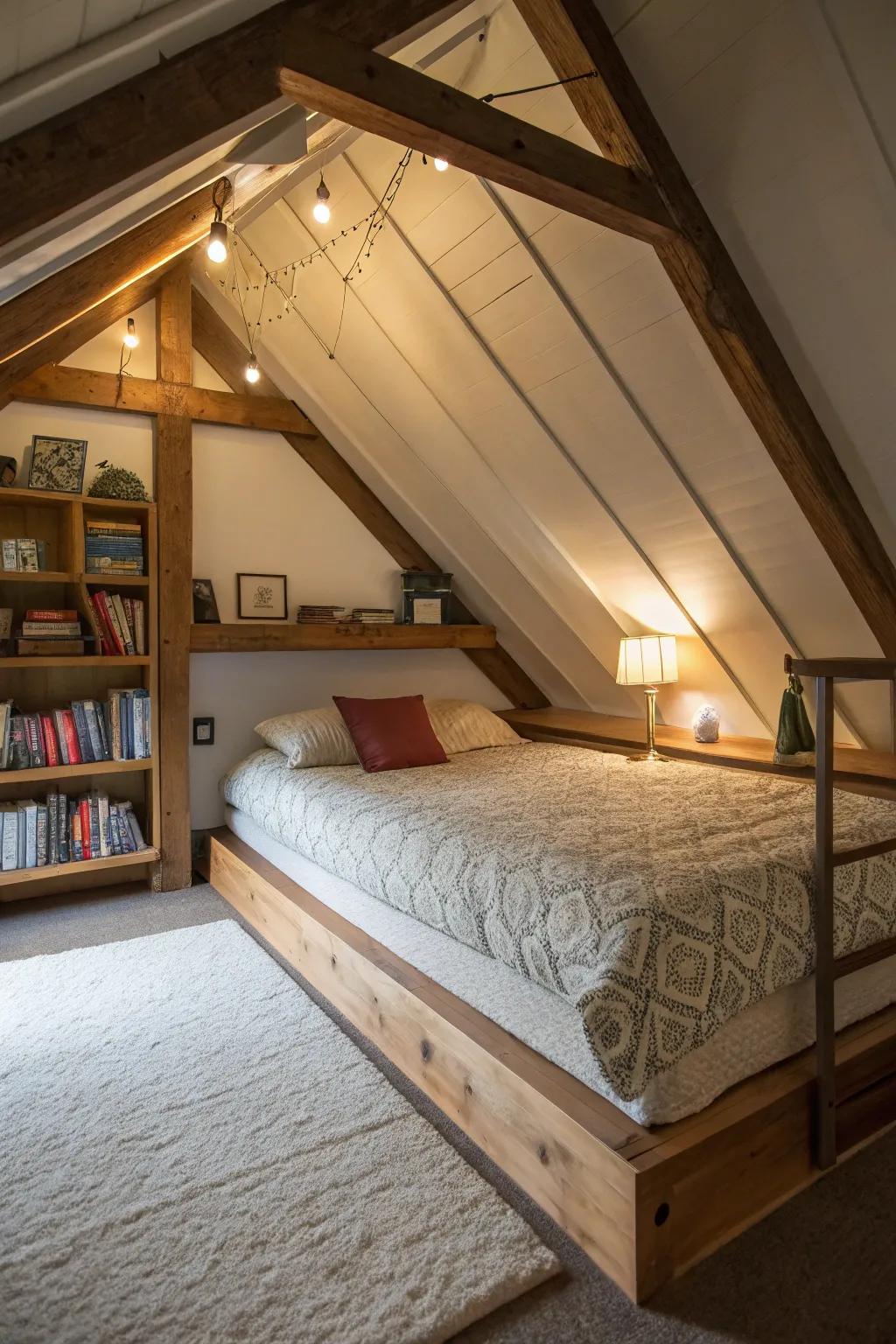 Reverse loft bed in an attic space