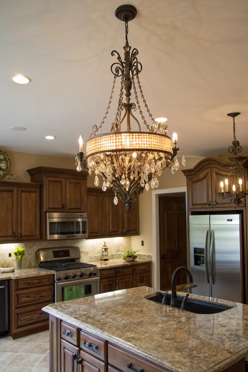 Statement lighting creates a stunning focal point in the kitchen.