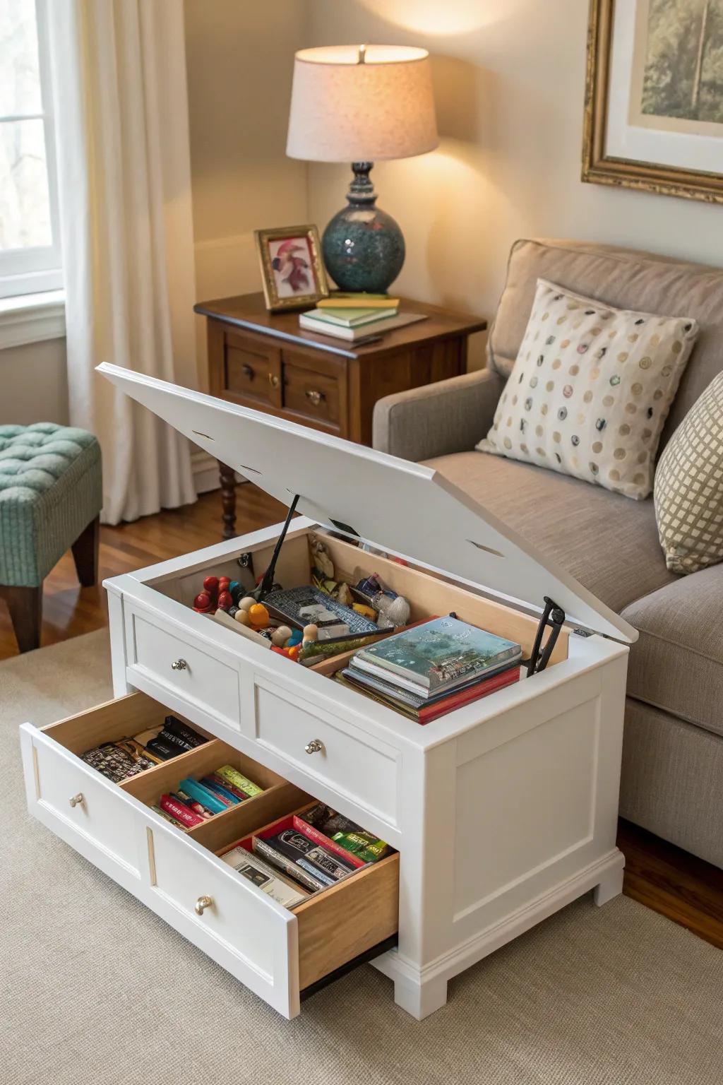 Convertible furniture that hides toys cleverly.