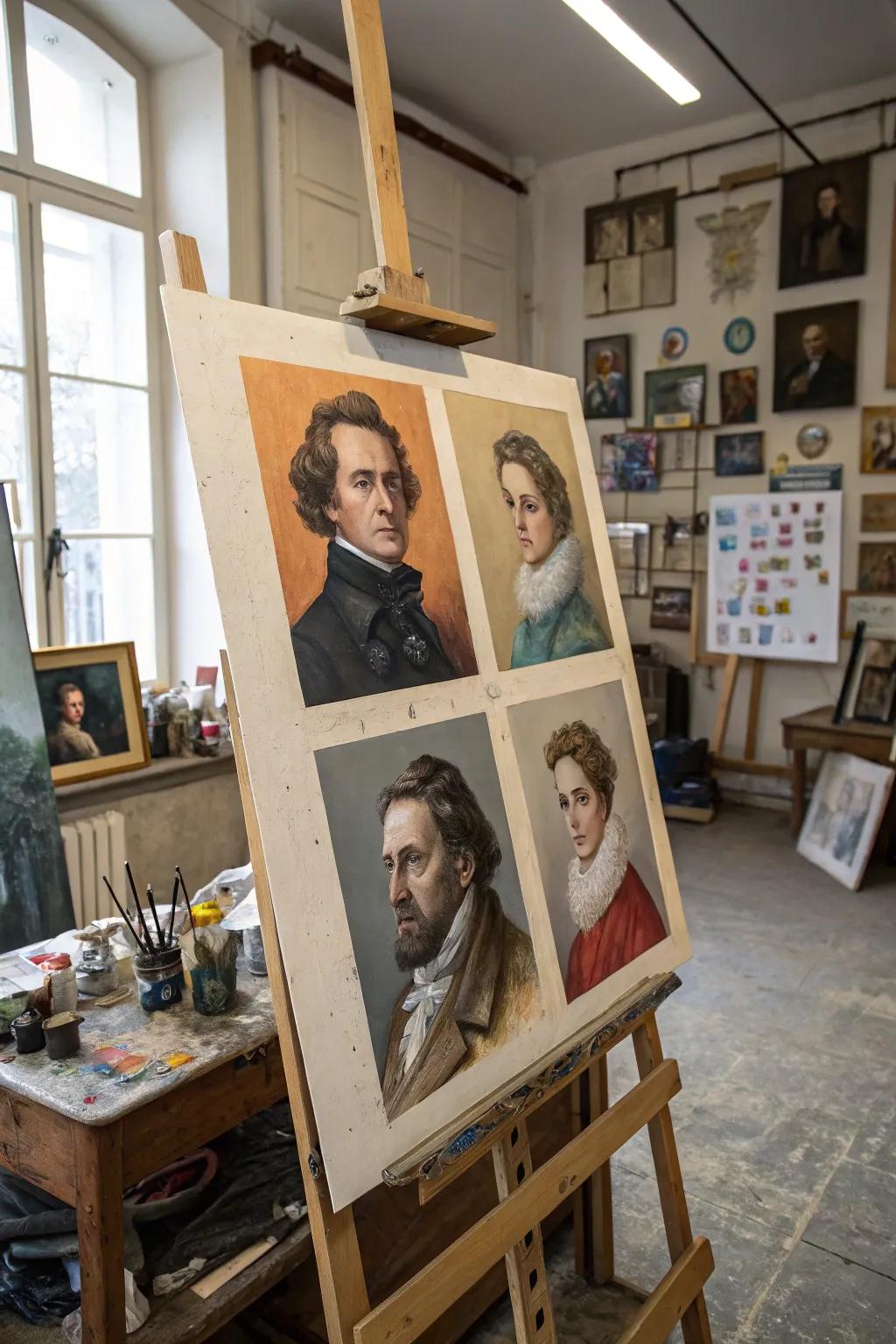 Artistic portraits blending history with creativity in an artist's setting.