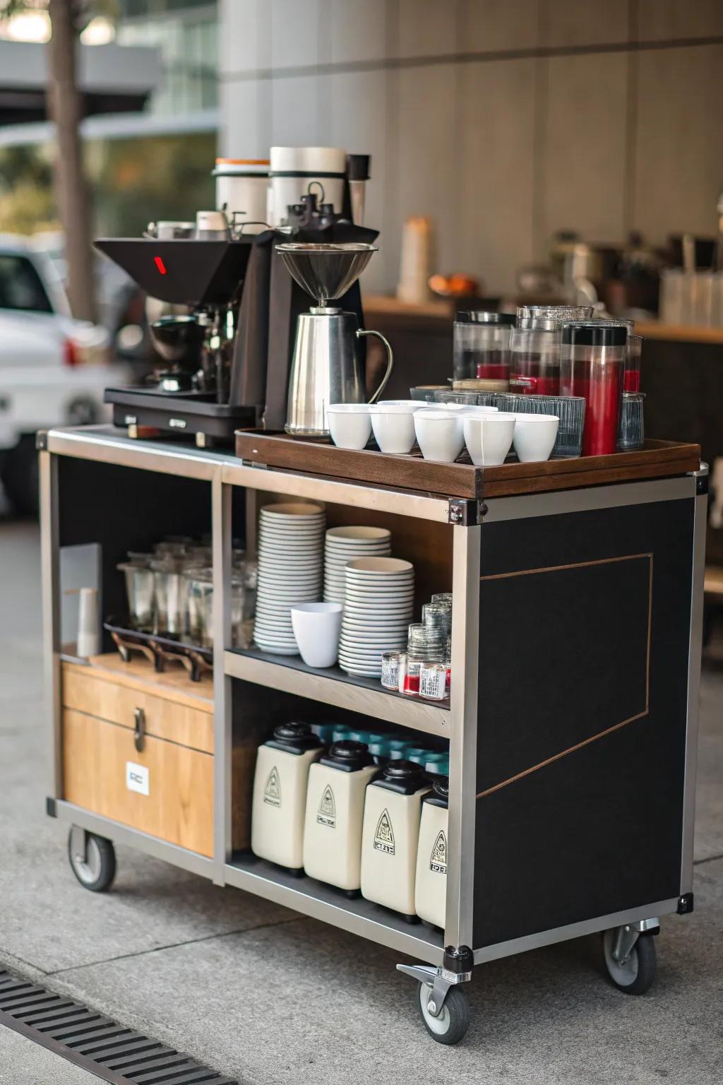 A mobile coffee cart provides convenience and flexibility in areas with limited space.