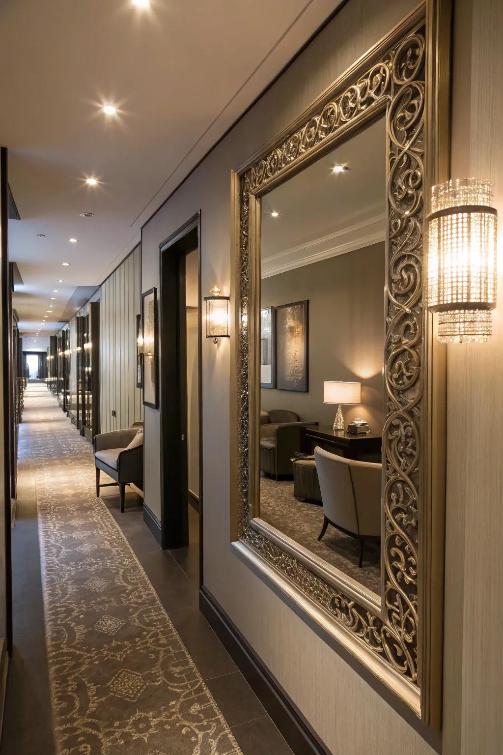 A decorative mirror adding depth and luminosity to the hallway.