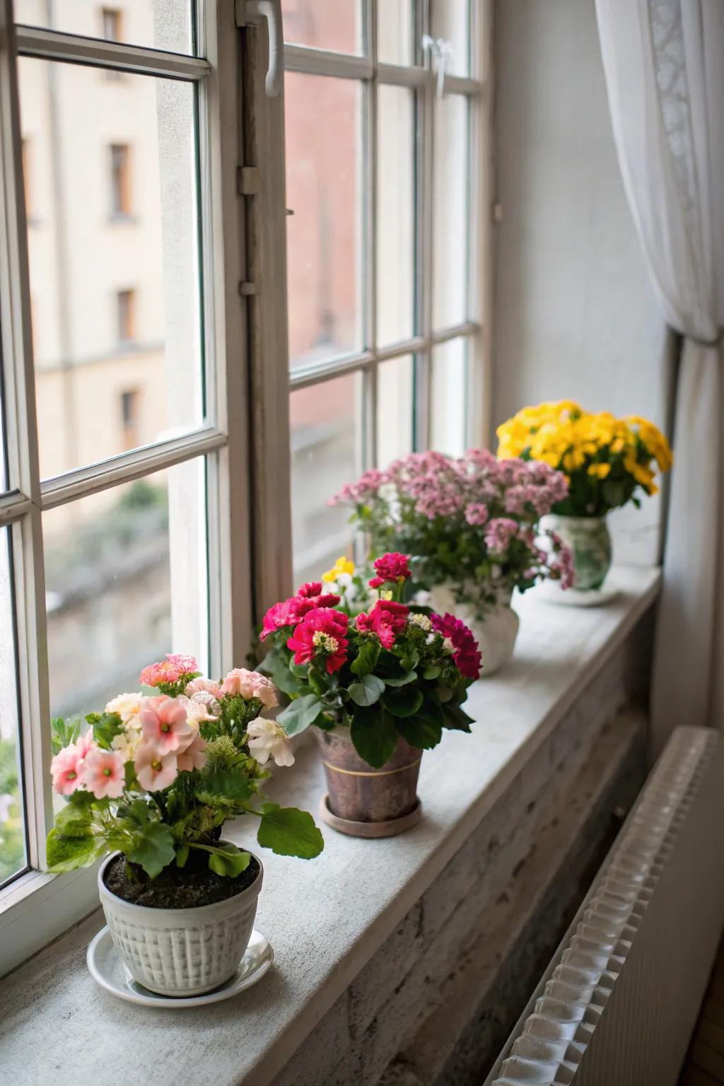 Window ledges come alive with small floral displays.