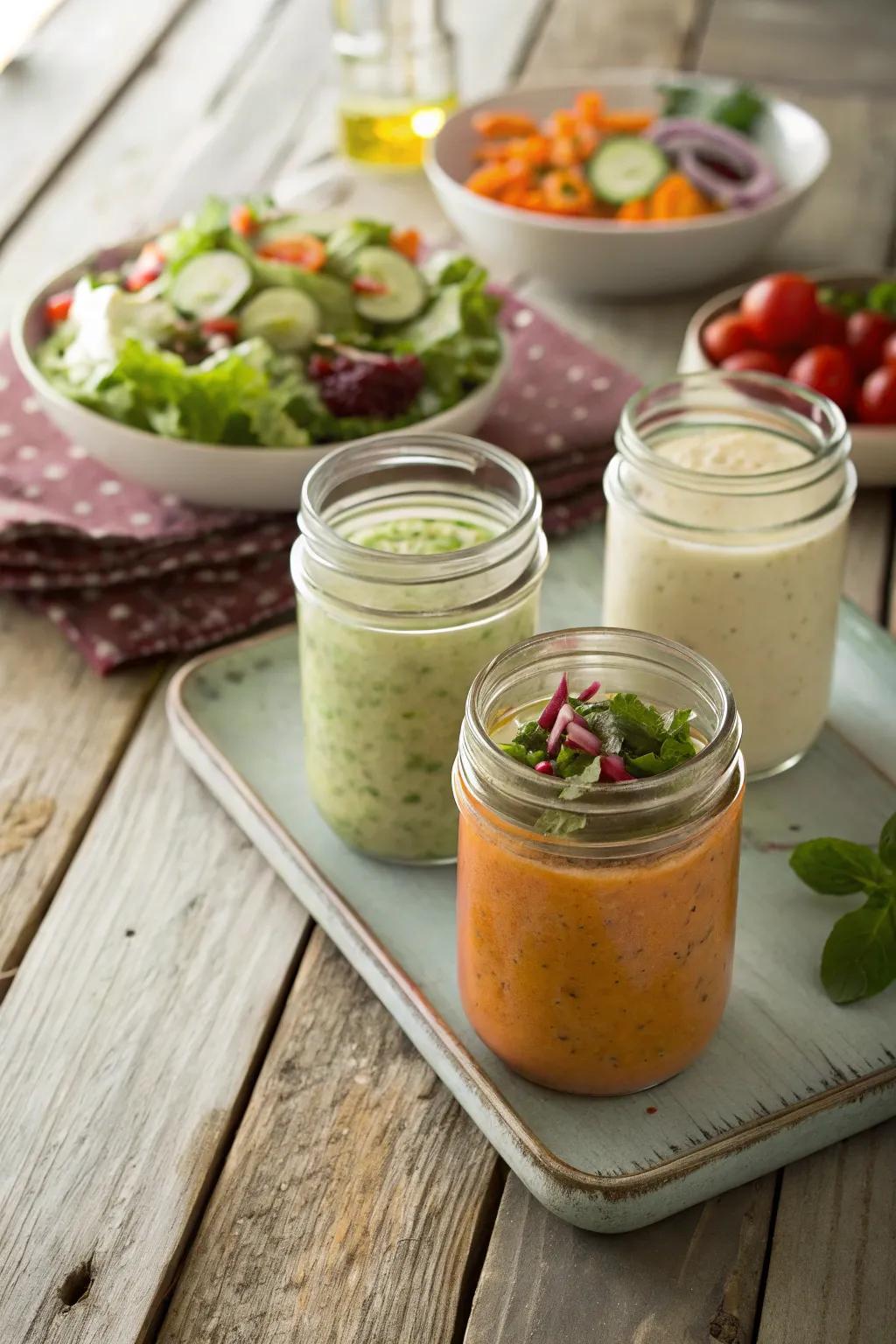 Charming glass jars for serving salad toppings.