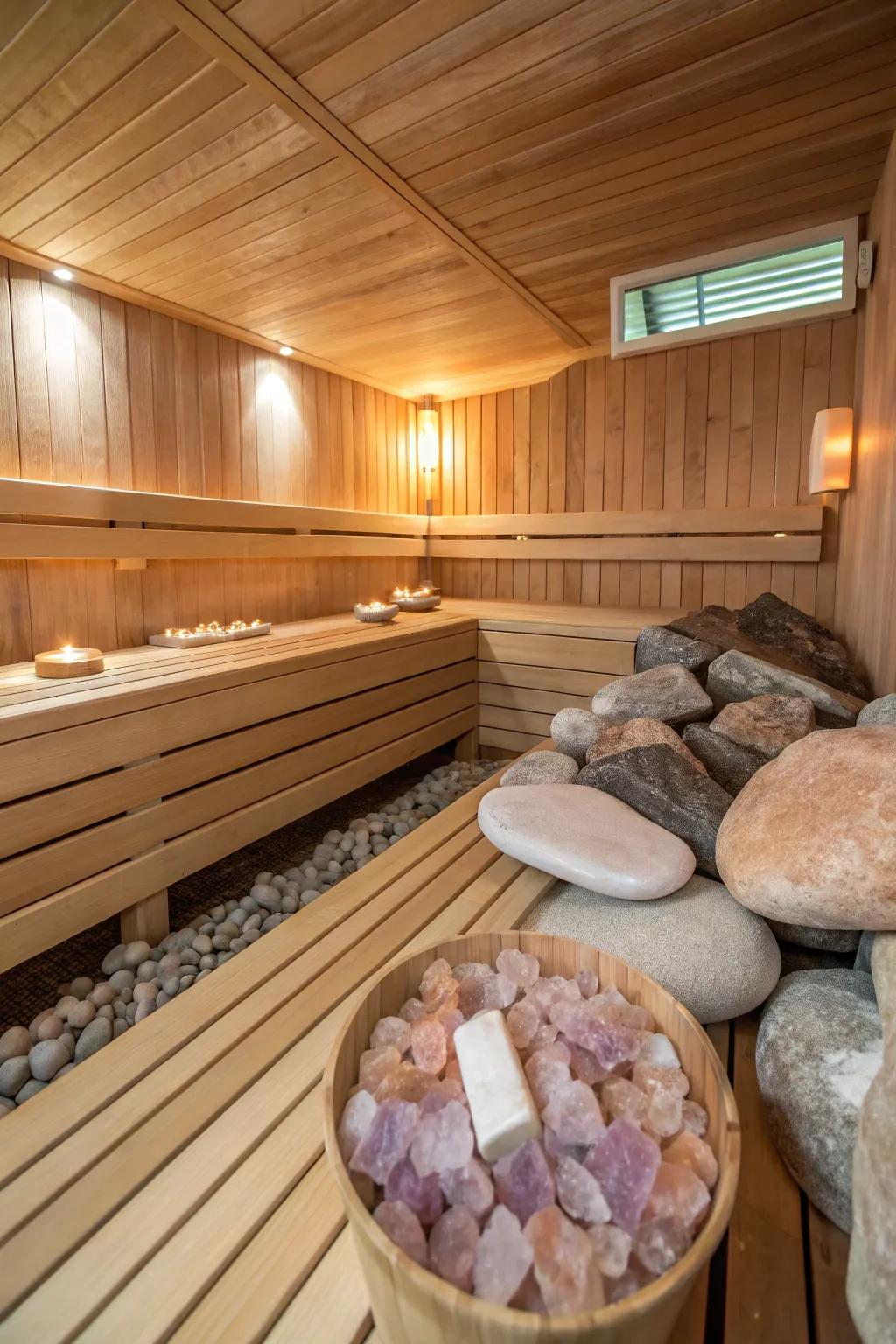 The healing mood of this sauna is enhanced by natural details.