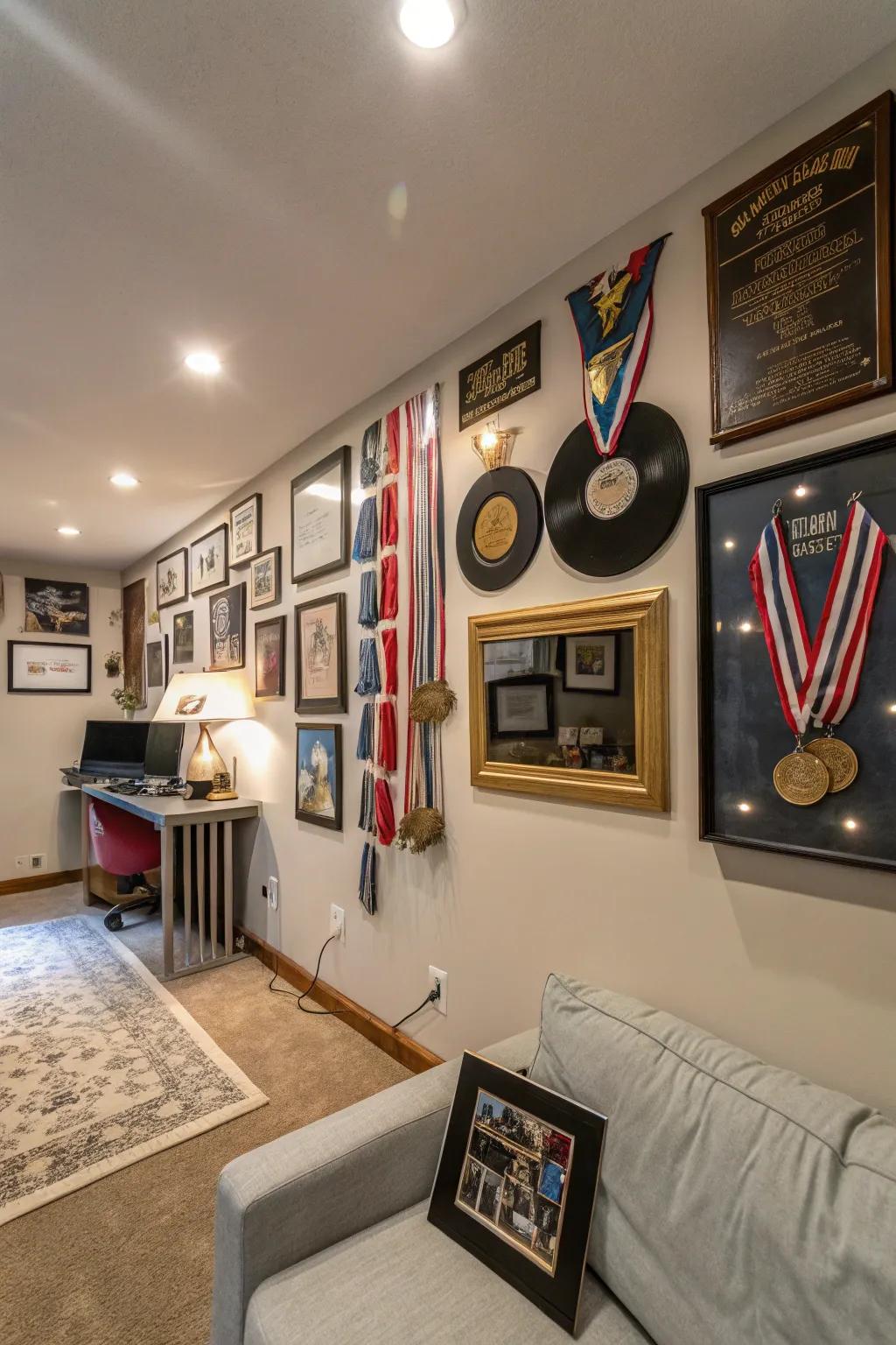 Stay motivated with a wall dedicated to personal triumphs.
