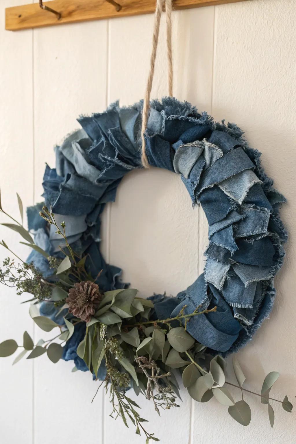 Transform your old trousers into a chic twill wreath&mdash;where rugged meets refined. #UpcycledDecor #ScandiBoho