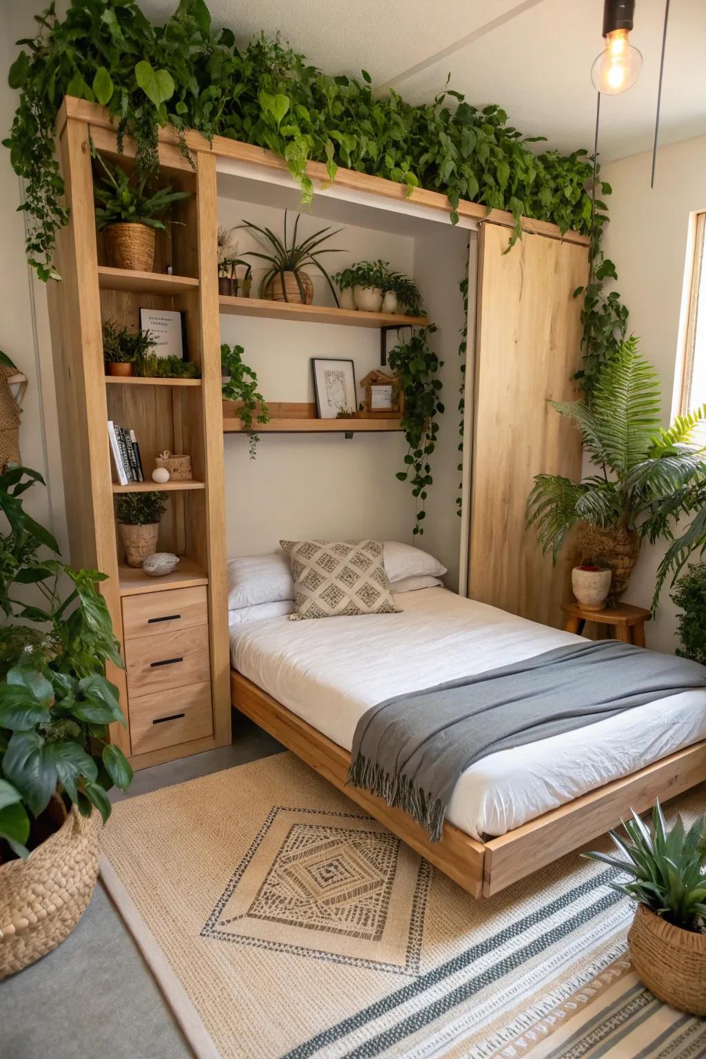 An urban nature configuration with a wall bed, bringing an invigorating touch of nature inside.