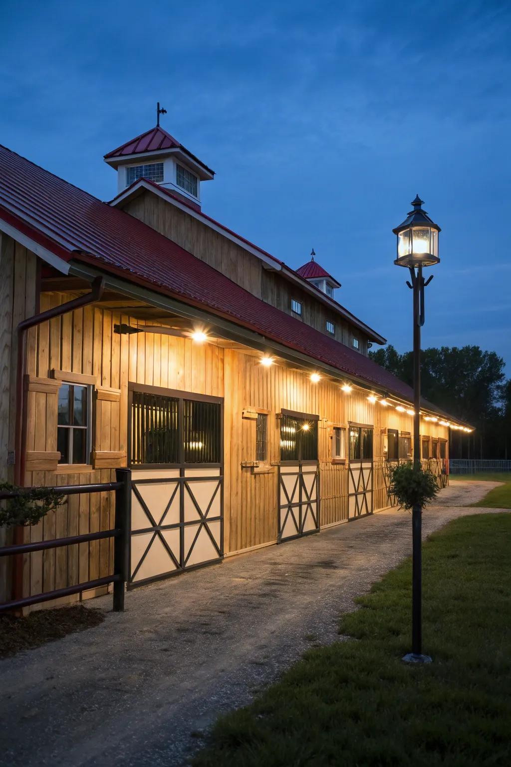 Solar lights provide eco-friendly illumination for the barn exterior.
