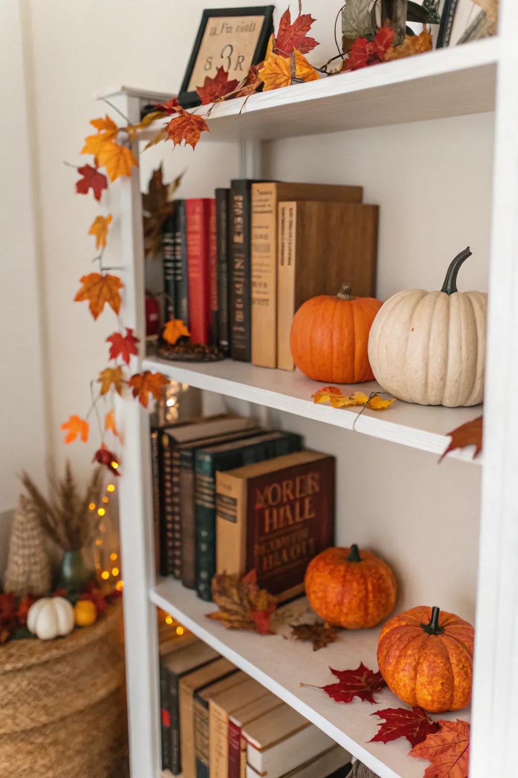 Bookshelf featuring seasonal adornments for autumn.