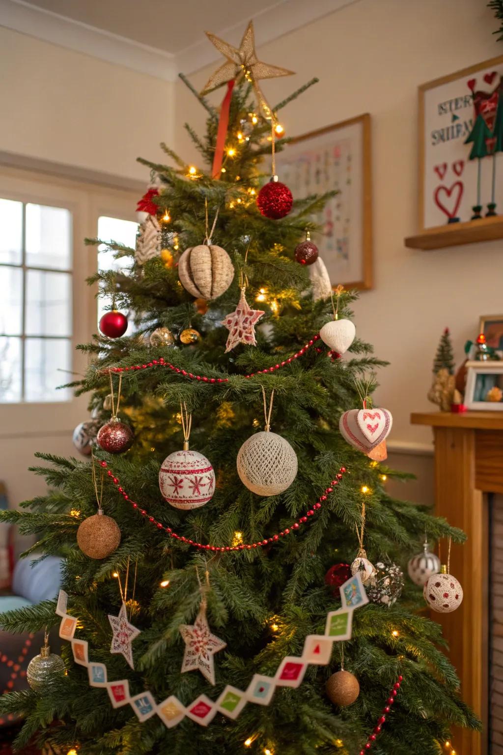 A Christmas tree embellished inclusive of distinctive handcrafted decoration designed for a personal impression.