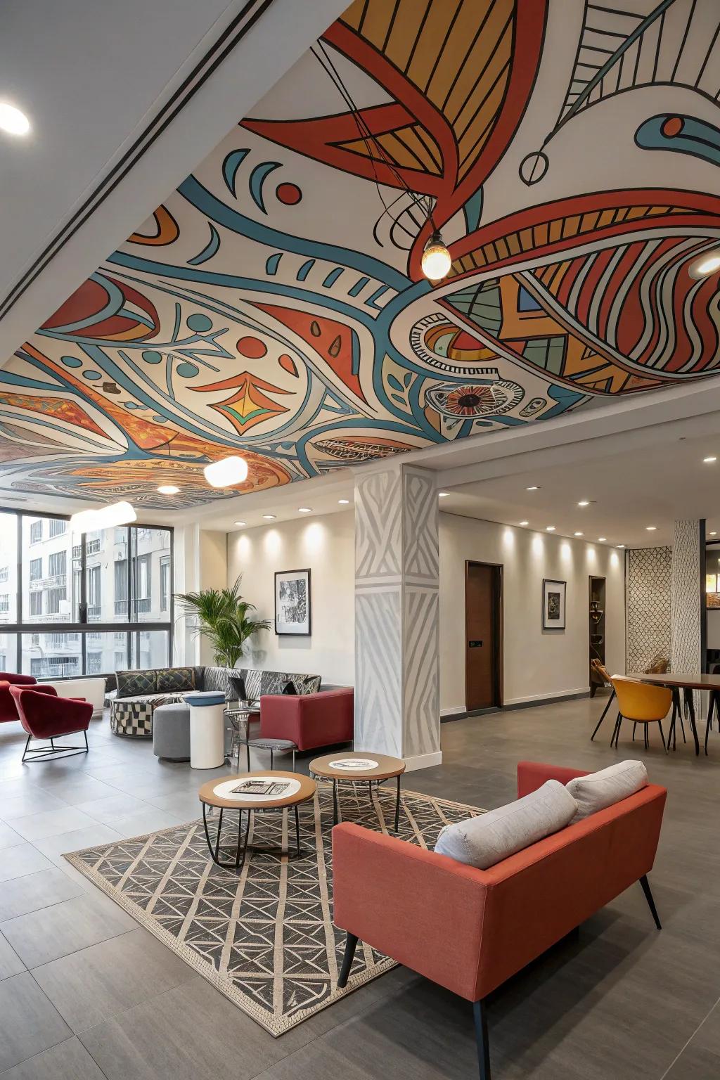 A modern room showcasing dynamic painted patterns on the ceiling.