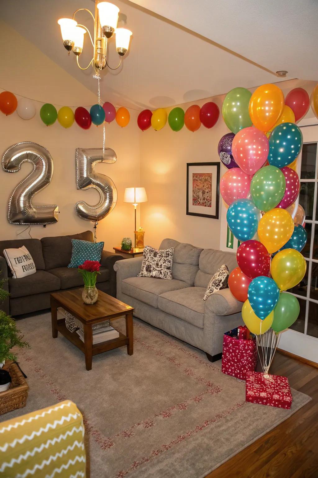 Balloon shapes and numbers customize the décor and become a focal point.