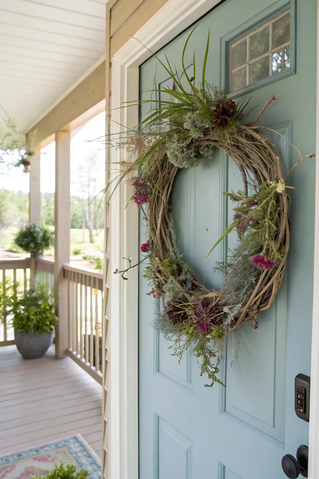Air plant wreath for vibrant door decor.