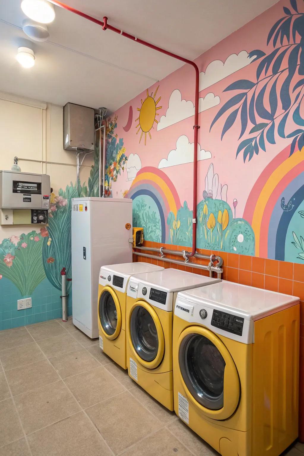 Wall murals impart personality and distract from appliances.