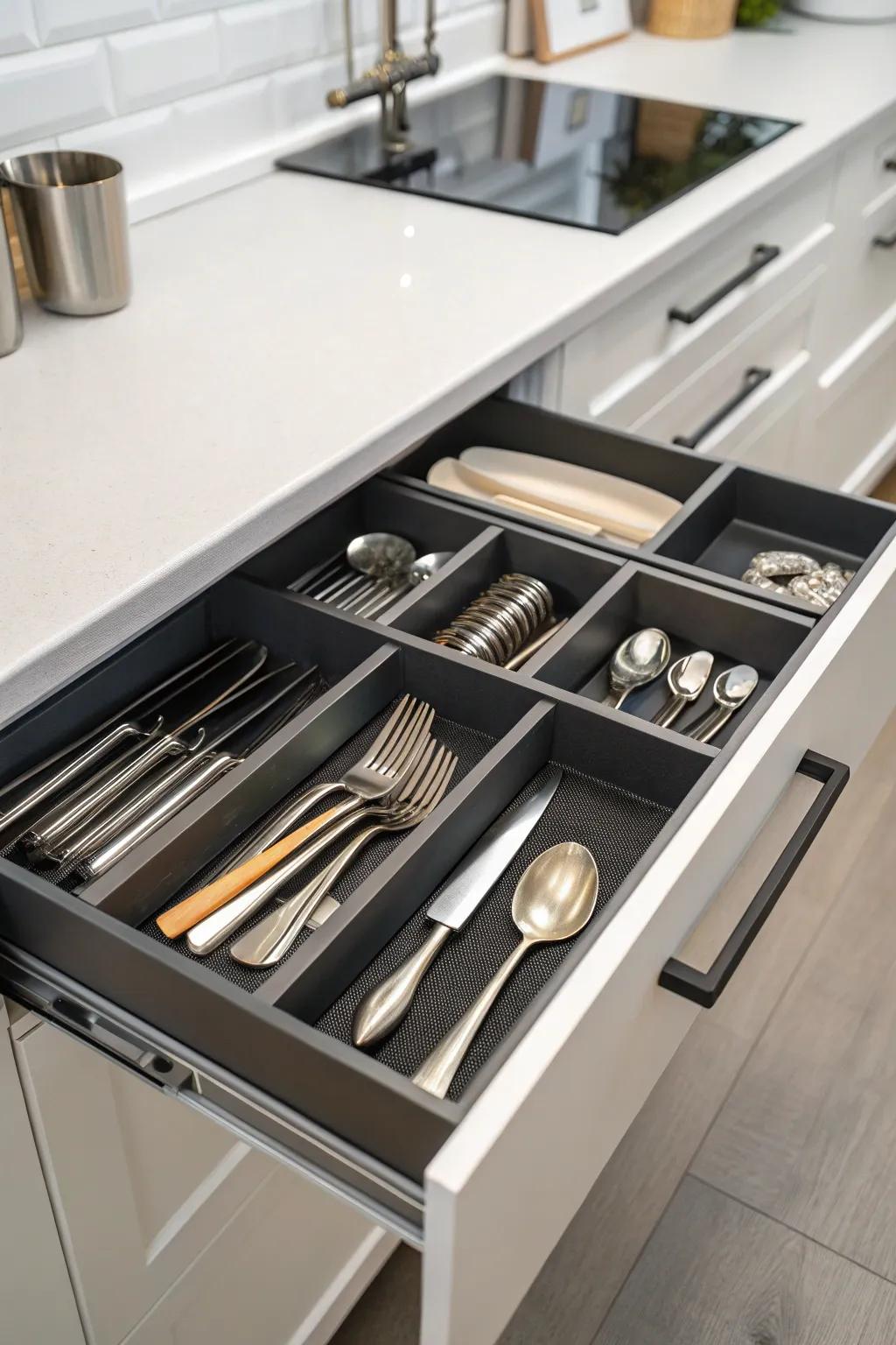 Diagonal storage maximizing drawer capacity.