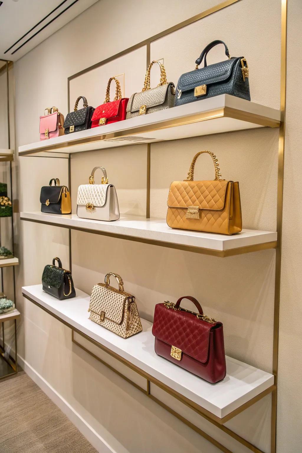 Floating shelves elegantly displaying purses in a modern setting.