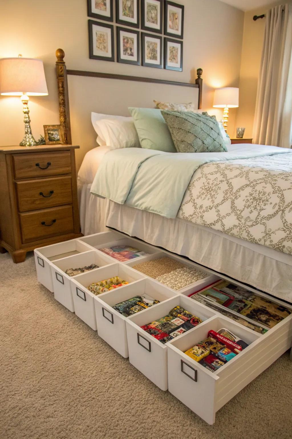 Under-bed storage keeping puzzles neatly stowed.