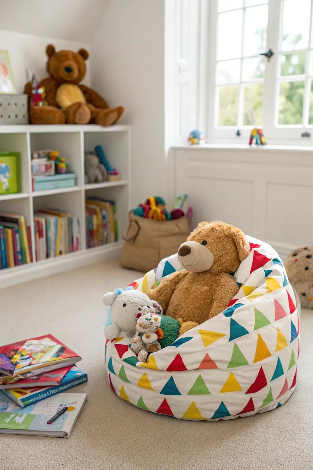 A stuffed animal seat merges coziness and clever storage.