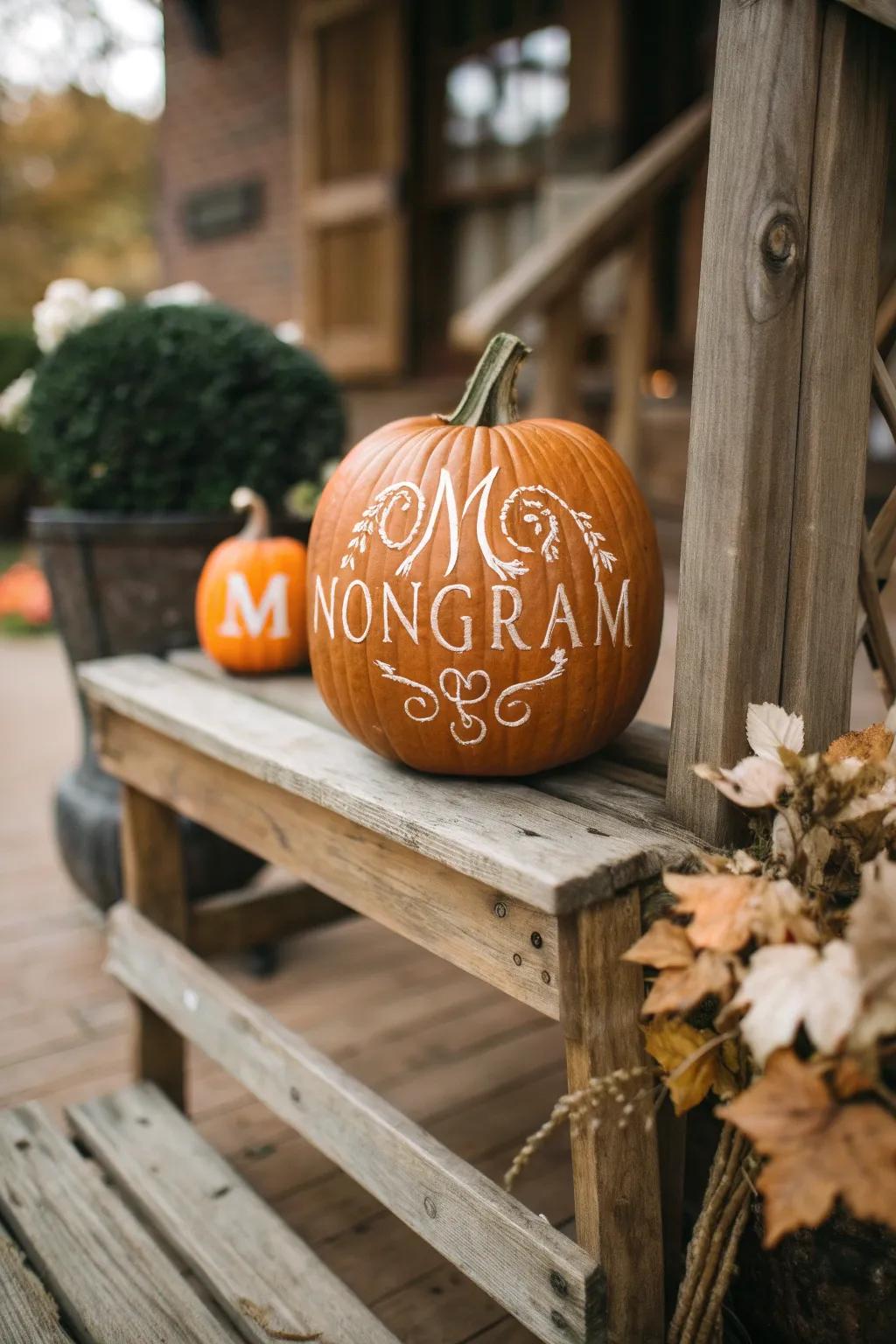 An initialed pumpkin incorporating a personal nuance into seasonal decor.