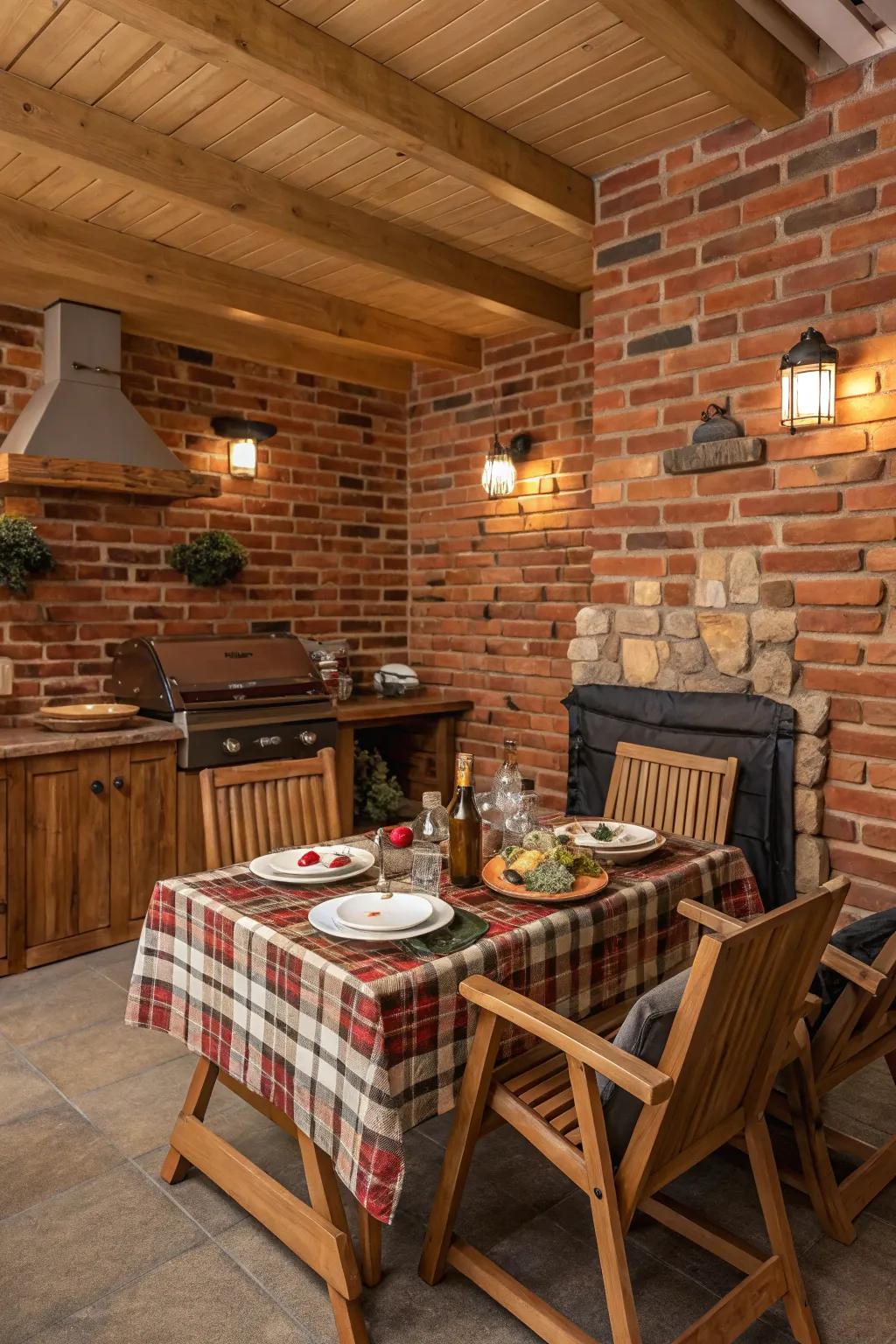 Brick and wood elements deliver a cozy, outdoor feel to indoor BBQs.