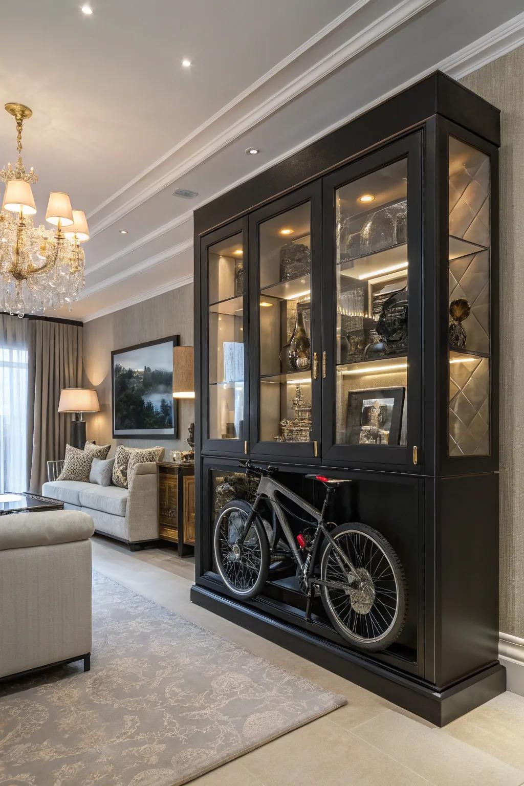 A custom bike cabinet offers a luxurious storage solution.