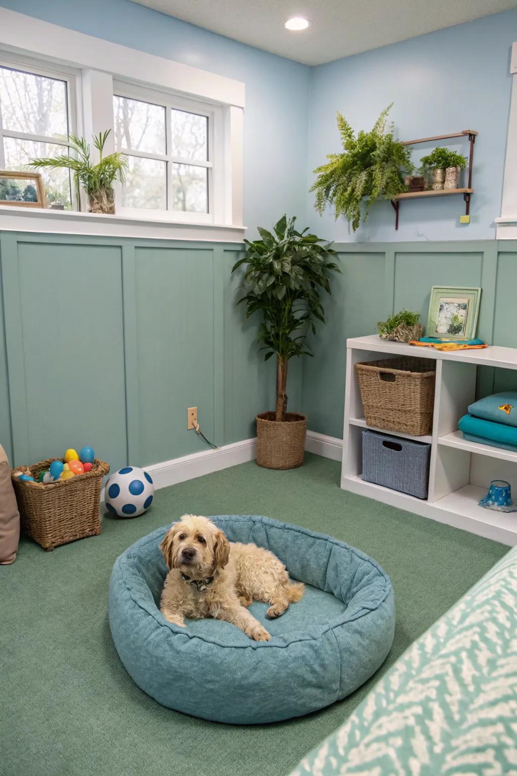 A placid dog area featuring calming color palettes.
