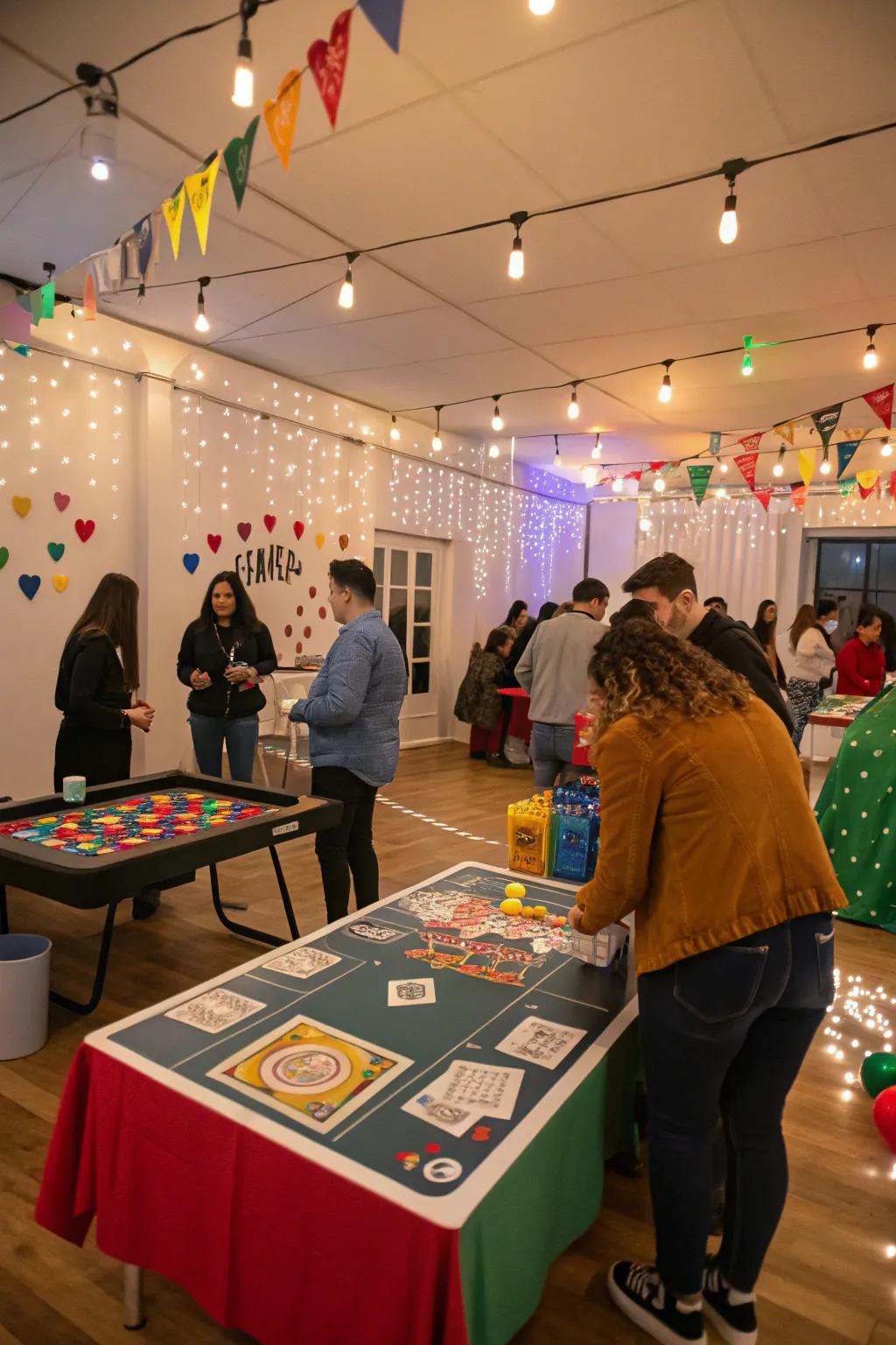 An engaging indoor celebration featuring an interactive game station.