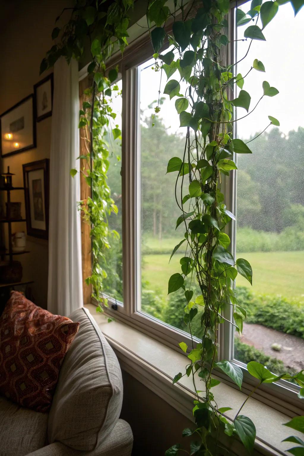Merge indoor and outdoor views with framed heartleaf philodendrons.