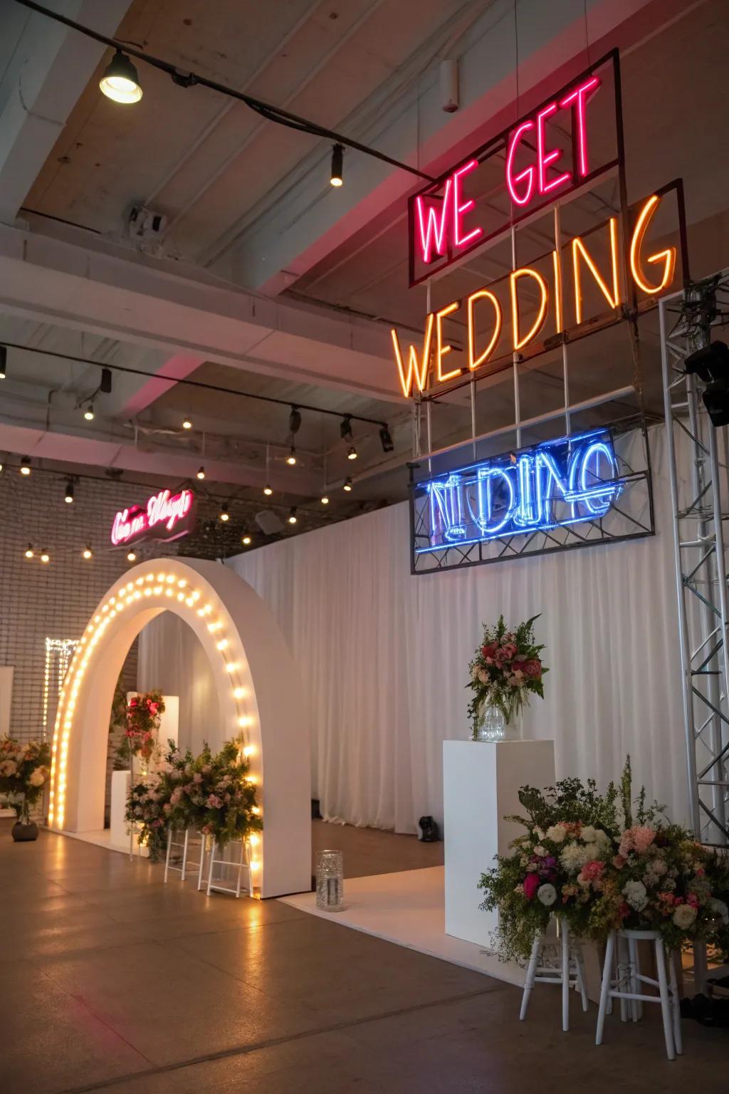 Neon signs bring a modern, fun vibe to the wedding.