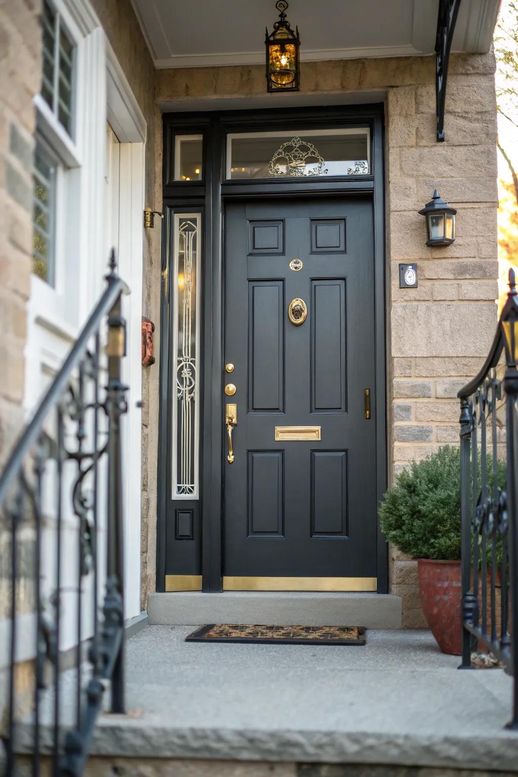 Striking fixtures add character and distinction to this door.