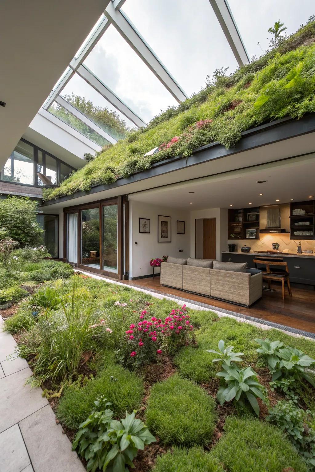 Living roof gardens offer beauty and sustainability above earth-sheltered houses.