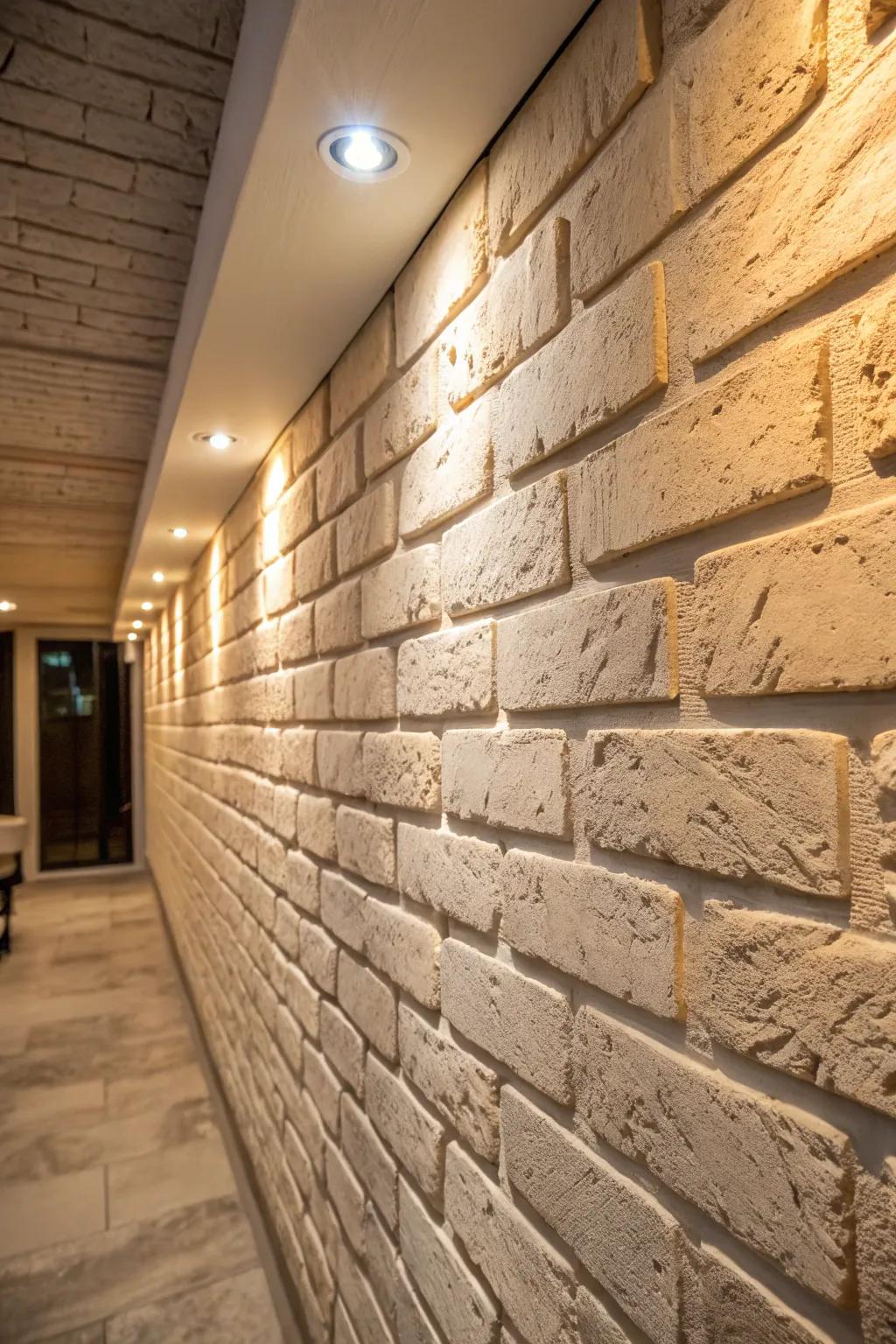 Plaster fashions a country brick impression on a concrete block wall.