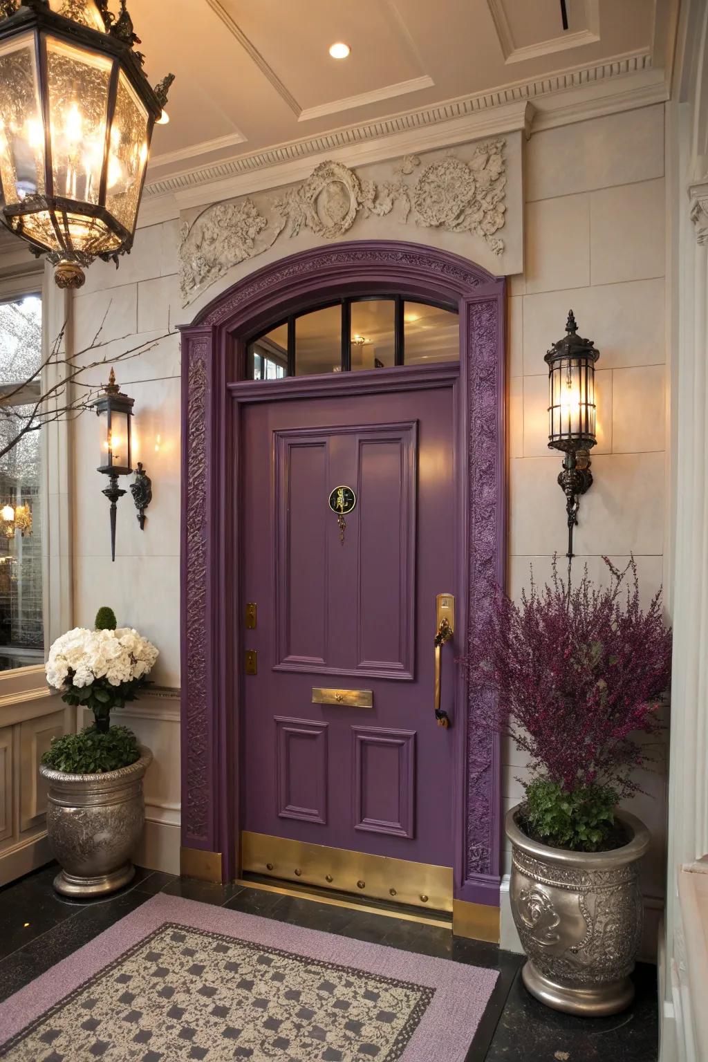 A purple door adding luxury and creativity to the entryway.