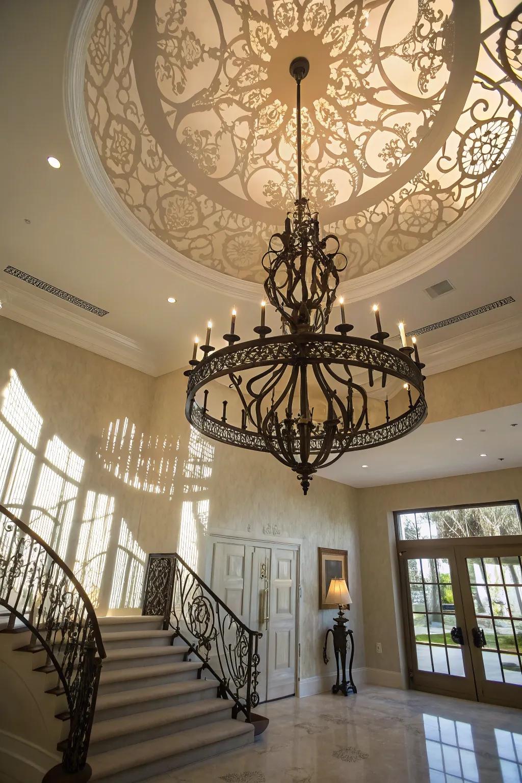 Statement lighting enhances individuality and dramatic flair in the space.