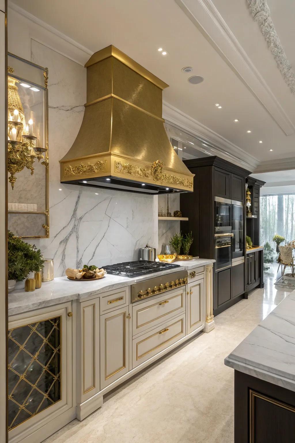 A gilded ventilation hood enriches any kitchen with a glamorous touch.