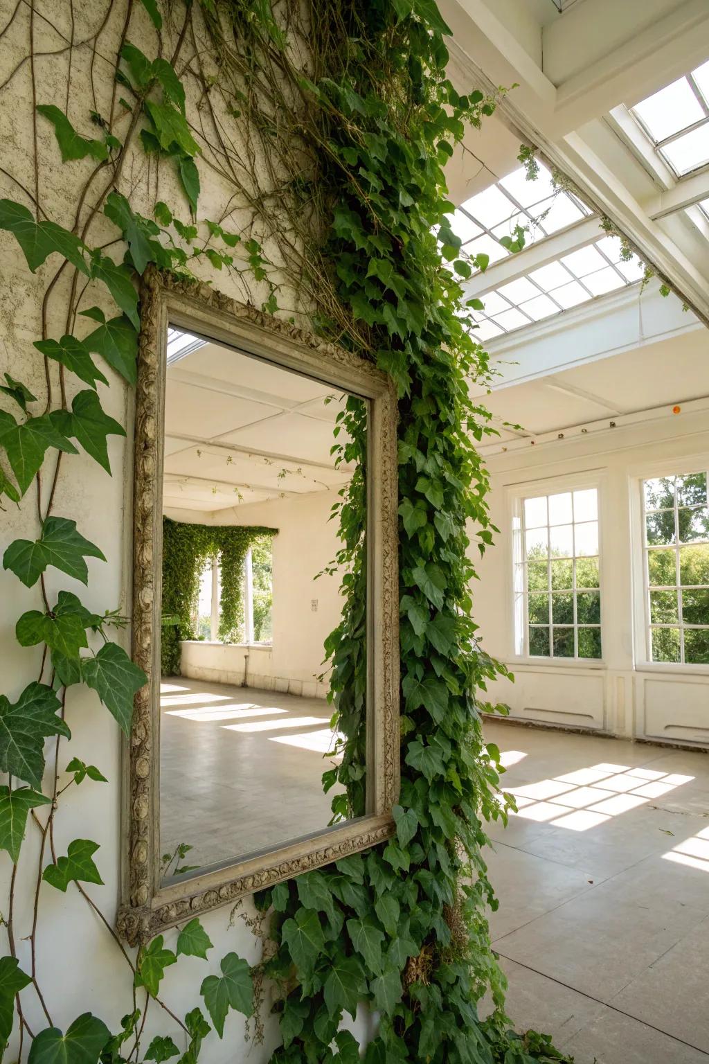 A stunning combination of ivy and mirrors that enhances light and space.