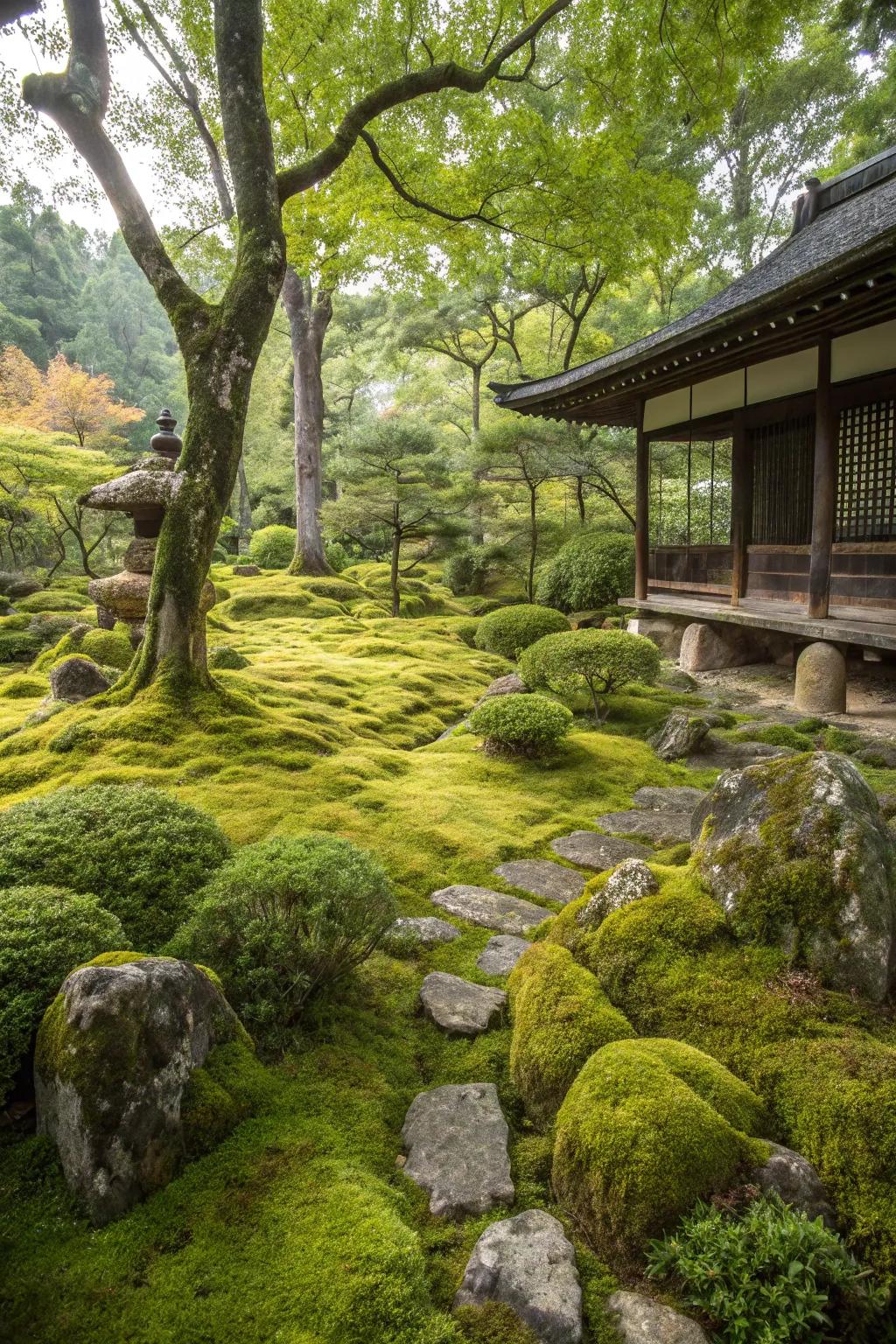 A gentle, inviting carpet of moss in a Japanese garden.